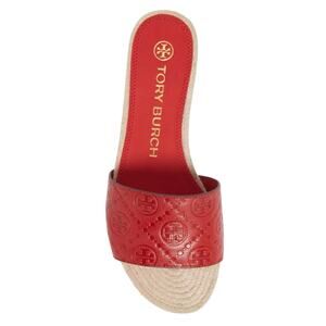 Tory Burch Women’s Monogram Embossed Red Leather Espadrille Slides Sandals Sz 9